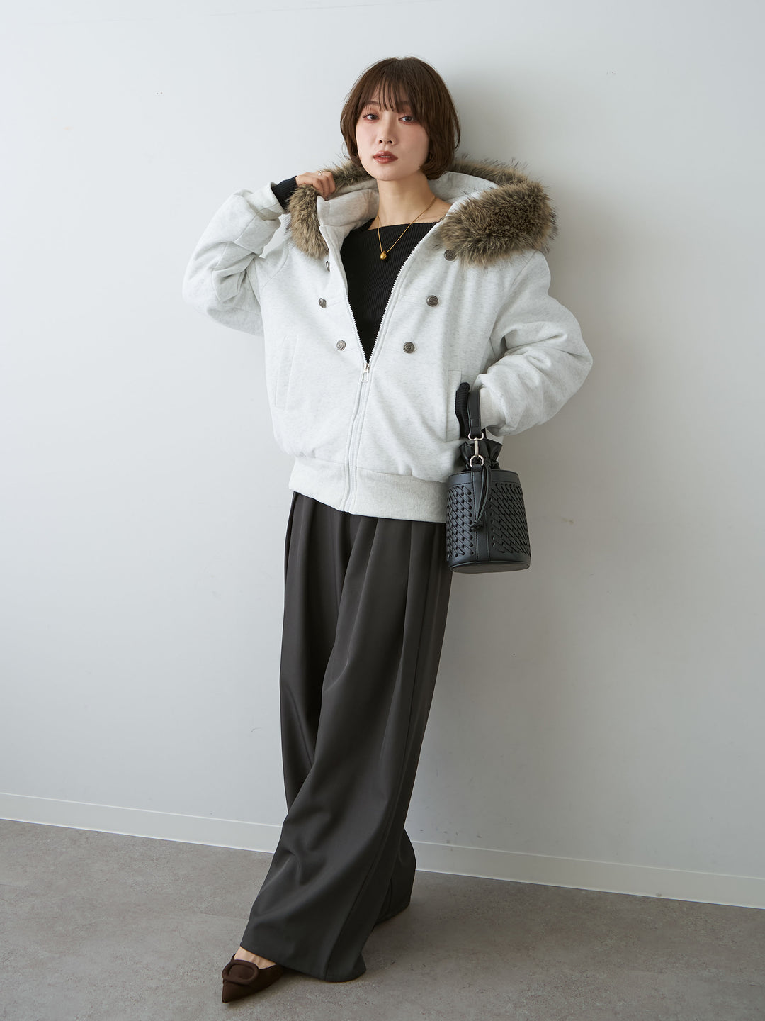 [SET]ナポレオンスウェットパフブルゾン+ツイルタックワイドパンツ(2set)