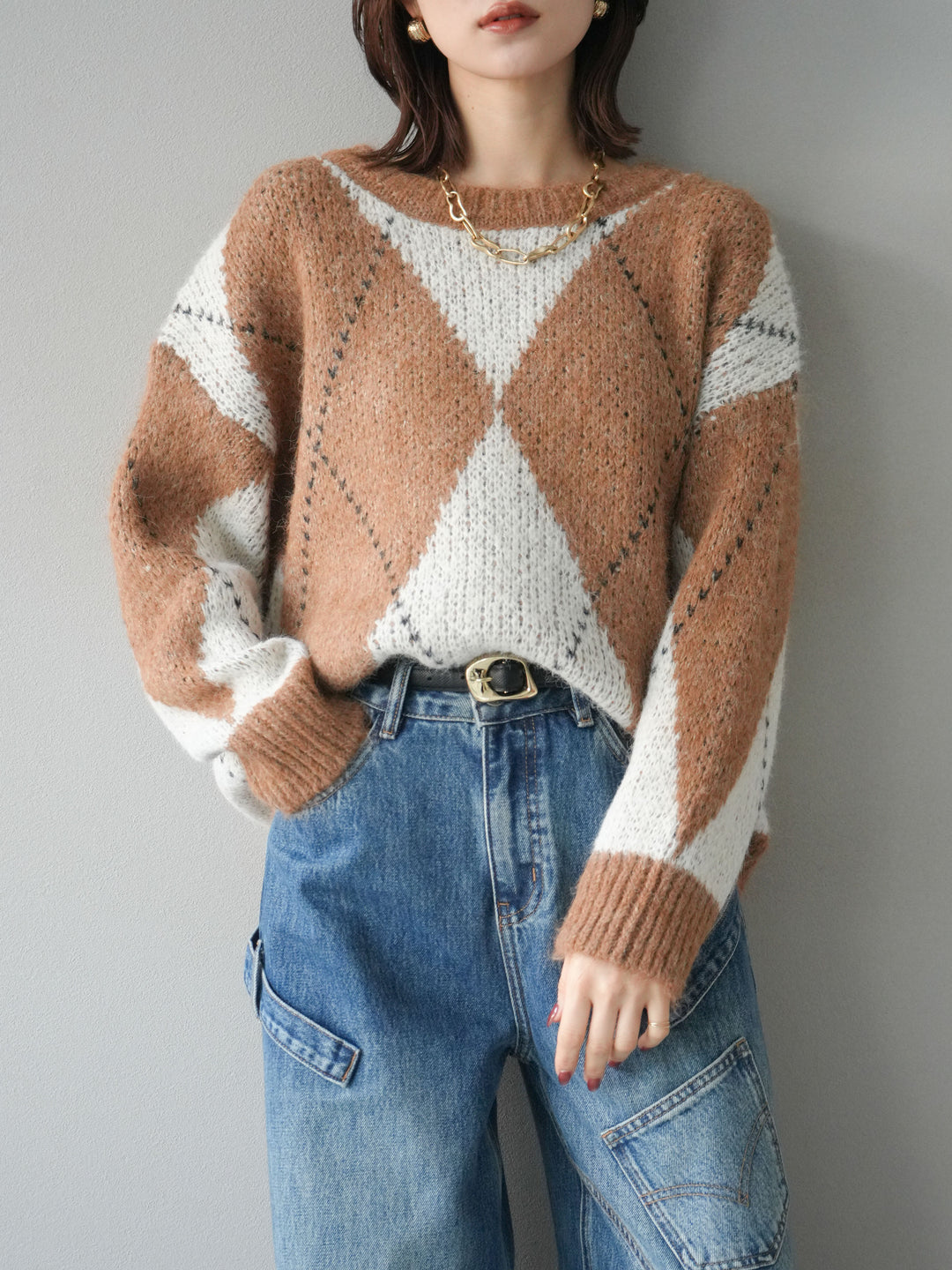 [予約]アーガイルオーバーニットプルオーバー/camel