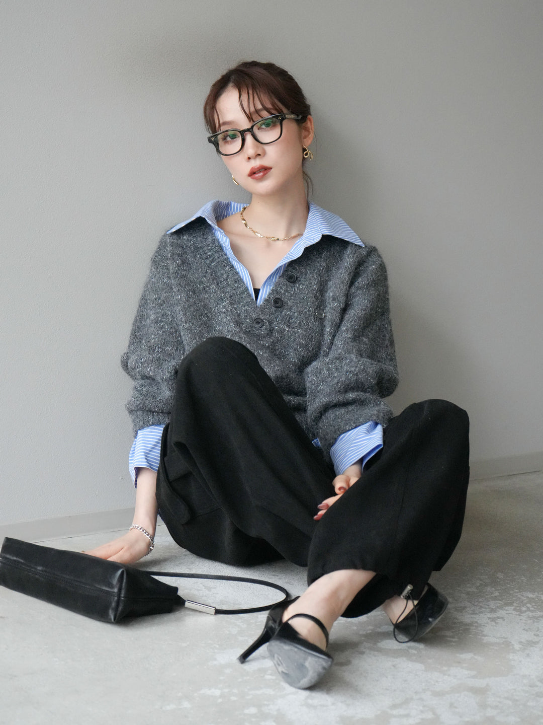 [予約]ストライプシャツドッキングMIXヤーンニットプルオーバー/charcoal