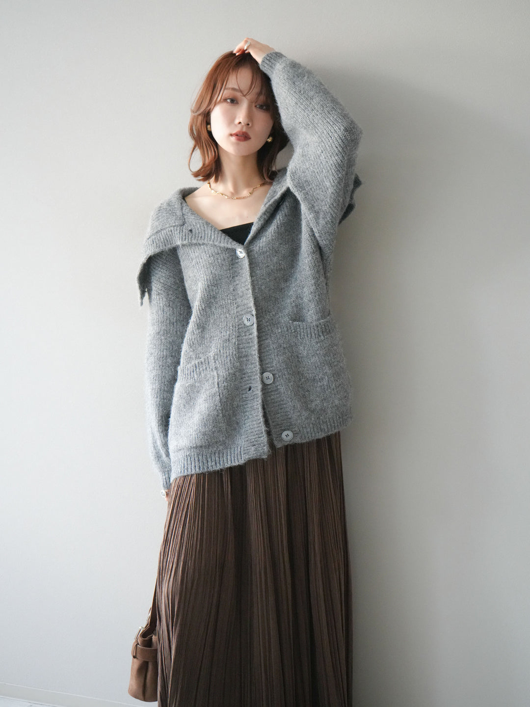 [予約]襟付きボタンオーバーニットカーディガン/gray