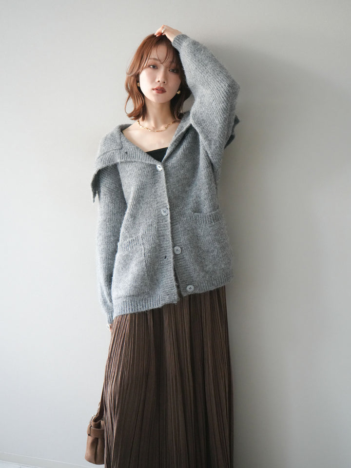 [予約]襟付きボタンオーバーニットカーディガン/gray