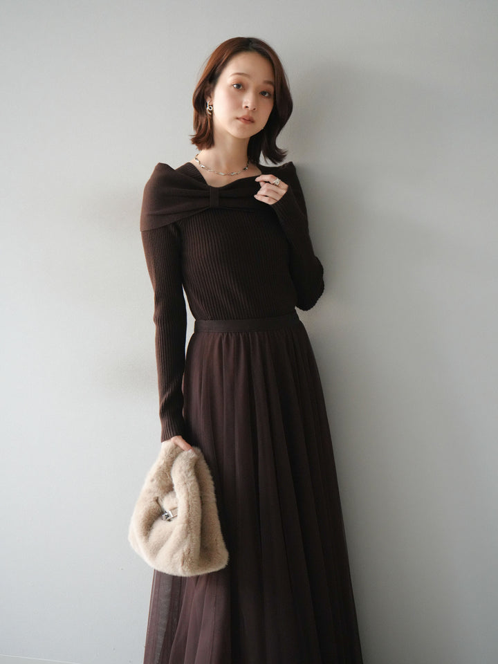 [予約]リボンモチーフオフショルリブニットトップス/brown