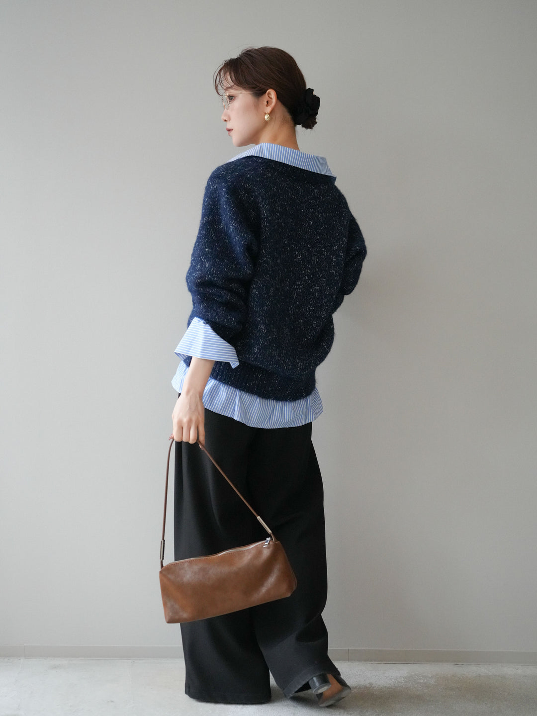 [SET]ストライプシャツドッキングMIXヤーンニットプルオーバー+ベルトループデザインワイドパンツ(2set)