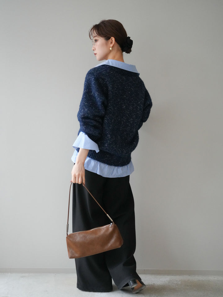 [SET]ストライプシャツドッキングMIXヤーンニットプルオーバー+ベルトループデザインワイドパンツ(2set)