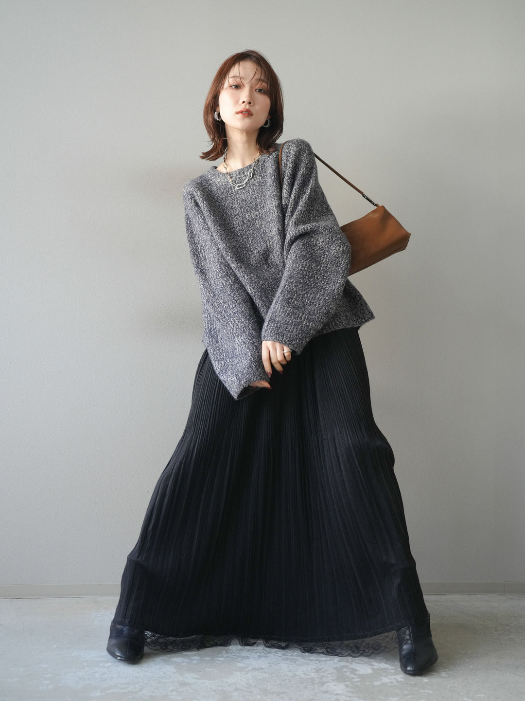 [SET]クルーネック畦編みミックスニット+選べるアクセセット(2set)