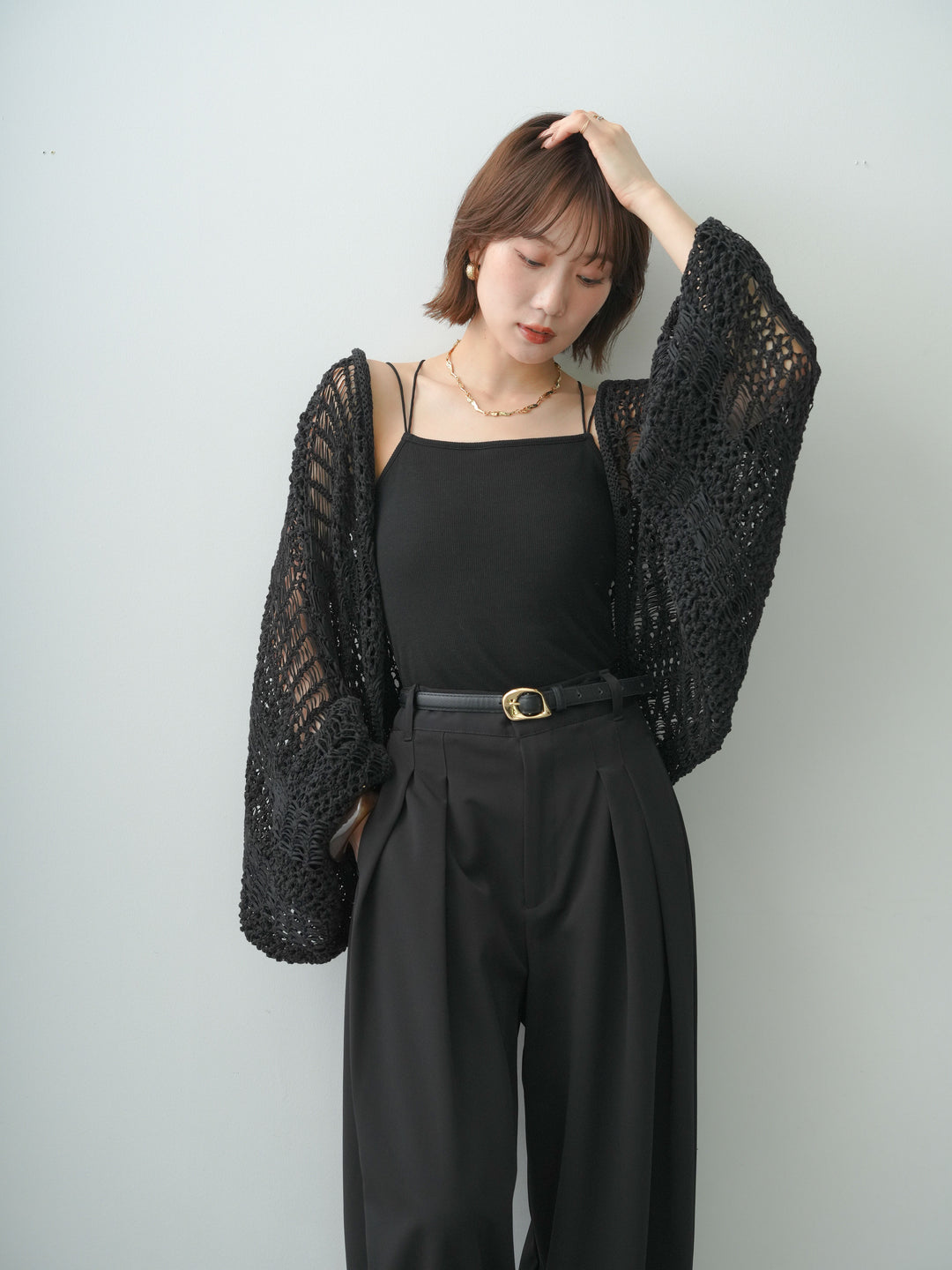 [SET]ミックスメッシュニットボレロ+クレープデシンタックワイドパンツ(2set)