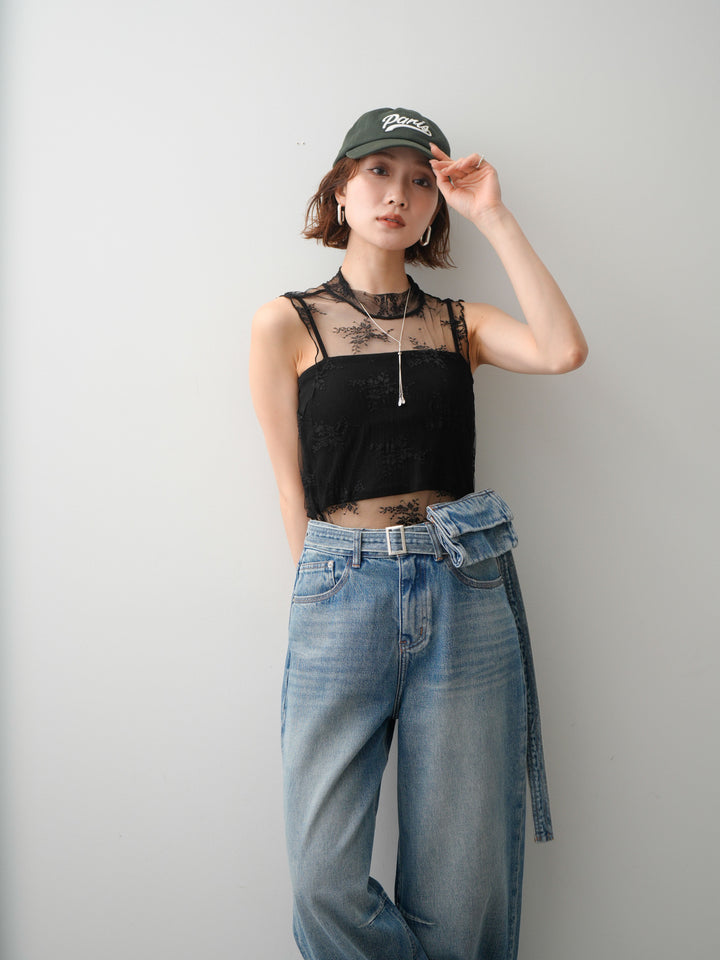 [予約]シースルーストレッチレースノースリトップス/black