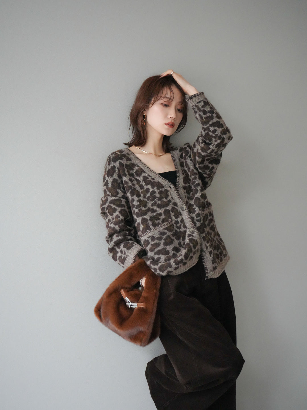 [予約]アニマル柄ステッチニットカーディガン/khaki