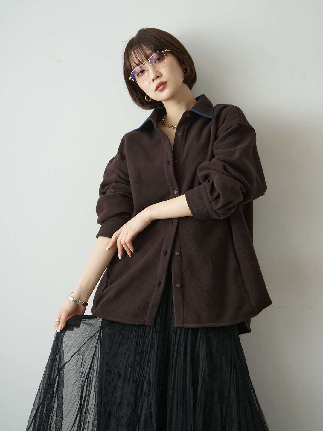 [予約]フリースパイピングシャツ/brown