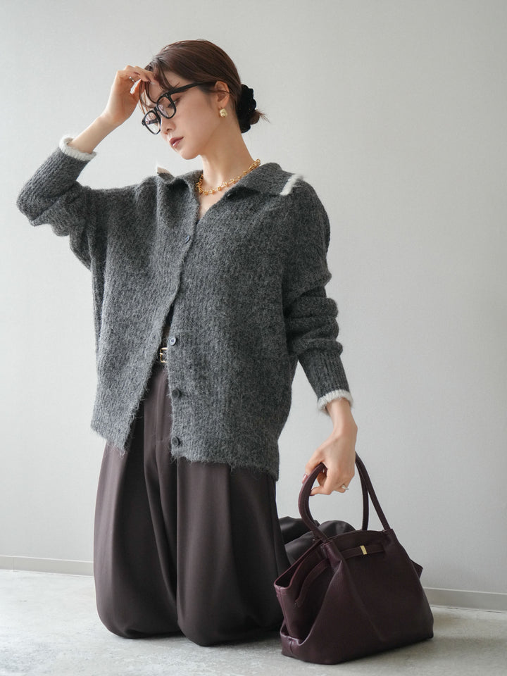 [予約]襟付きバイカラーミックスニットカーディガン/gray