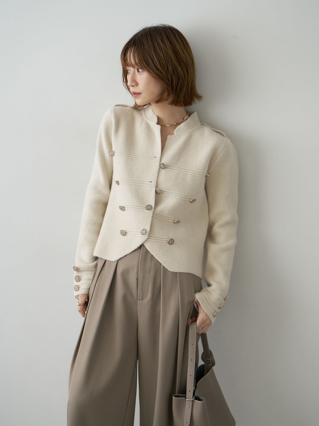 [SET]ナポレオンニットジャケット+ツイルタックワイドパンツ(2set)