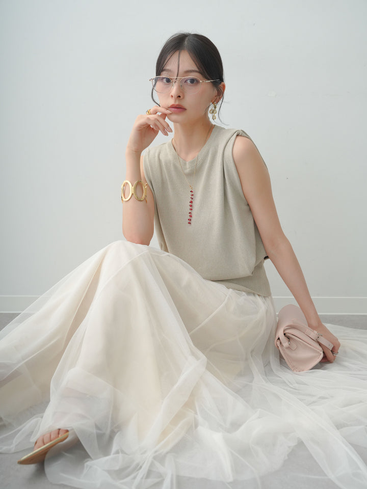 [SET]ショルダータックノースリニットトップス+チュールボリュームスカート(2set)