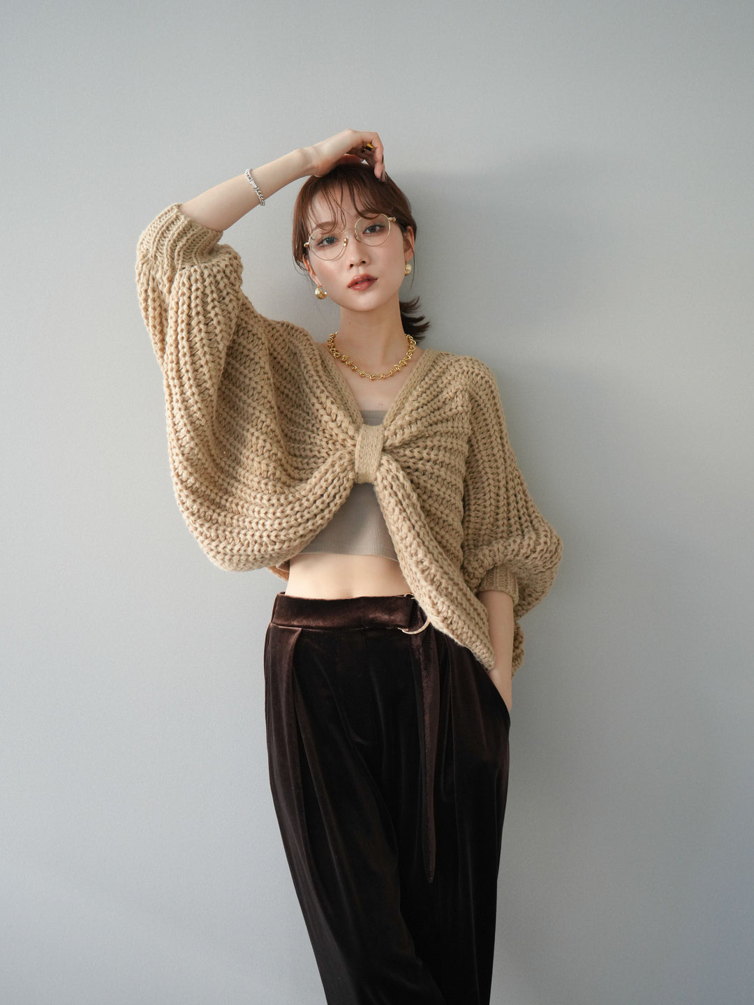 [予約]ローゲージ畦編みドルマンニットボレロ/beige