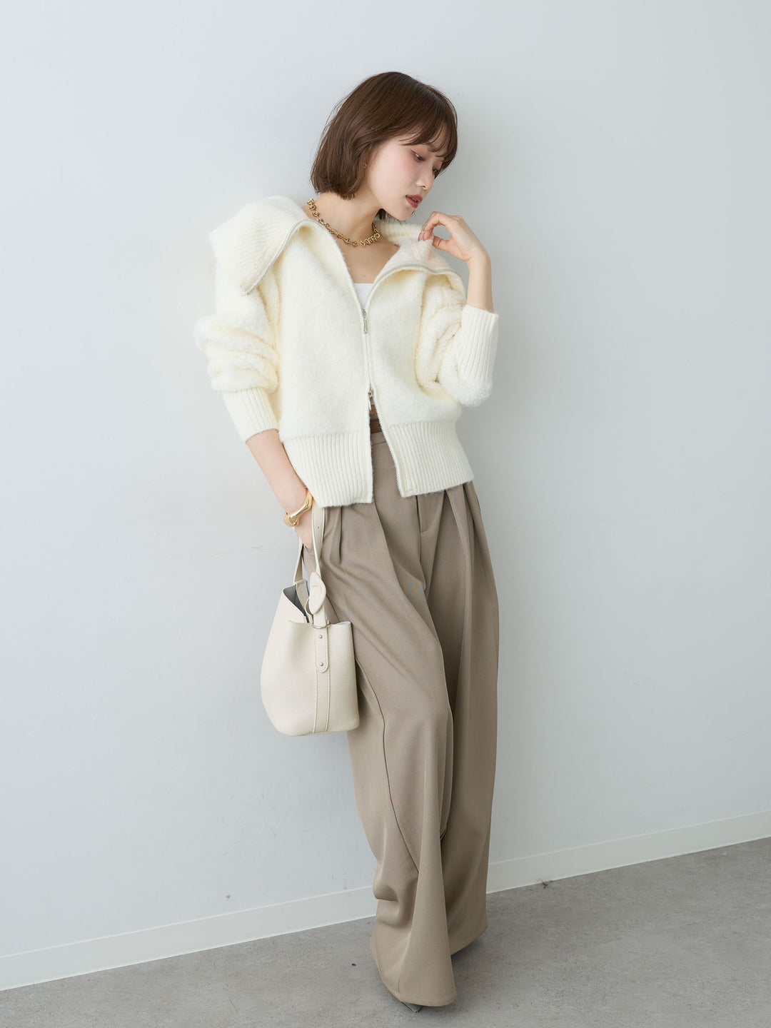 [SET]ビッグカラーシャギーニットブルゾン+ツイルタックワイドパンツ(2set)