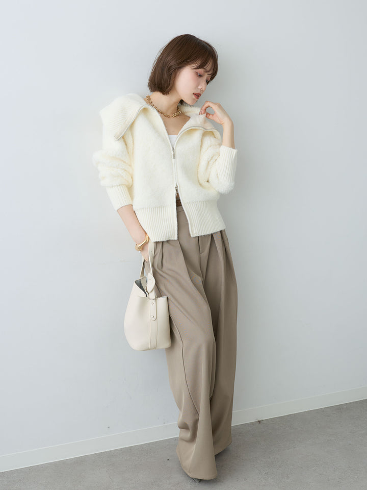[SET]ビッグカラーシャギーニットブルゾン+ツイルタックワイドパンツ(2set)