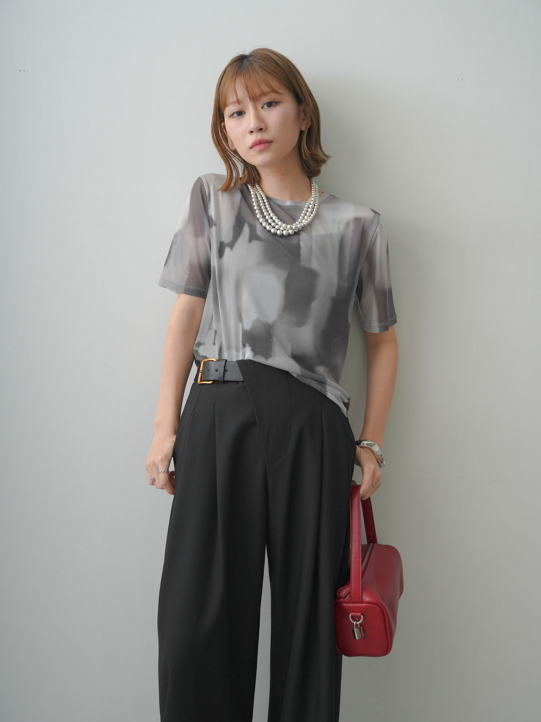 [SET]水彩アートシアーTシャツ+アシンメトリーベルトタックワイドパンツ(2set)