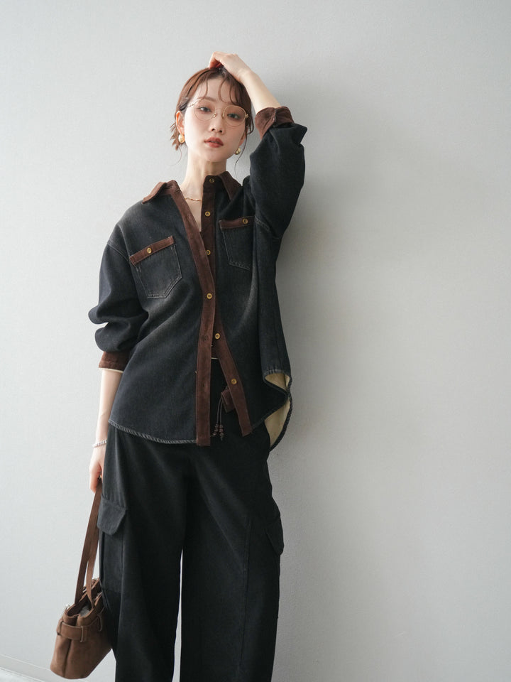 [予約]裏起毛コーデュロイ襟デニムシャツジャケット/black