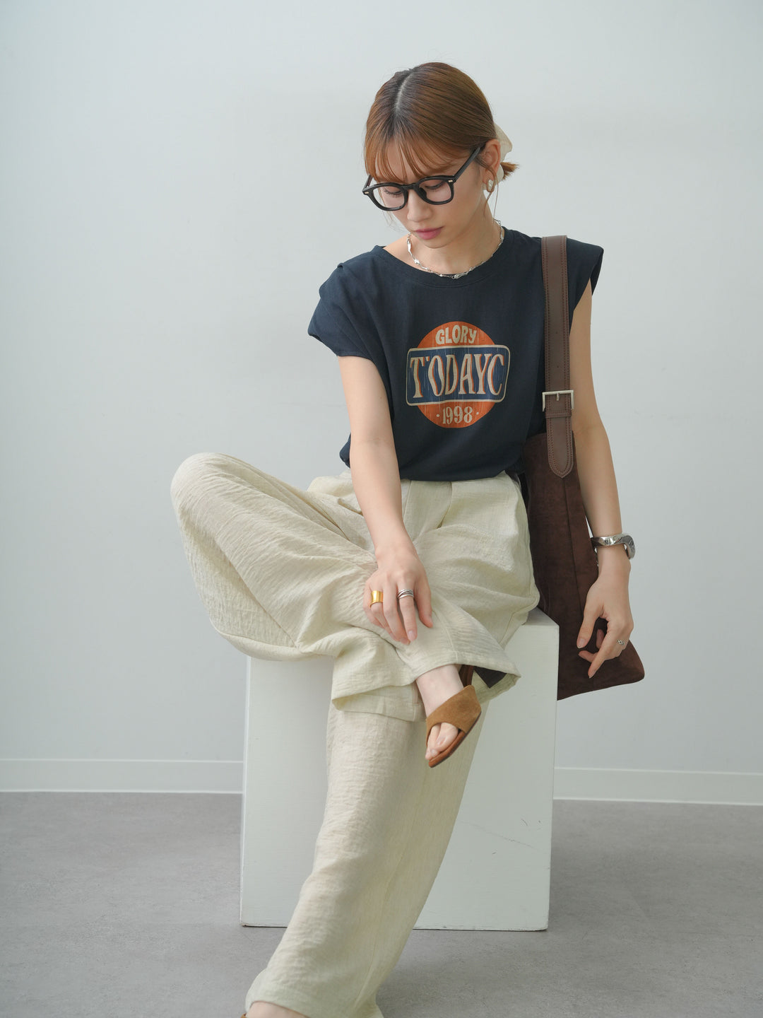 [SET]ヴィンテージロゴドロストTEE+リネンライクベルトループワイドパンツ(2set)