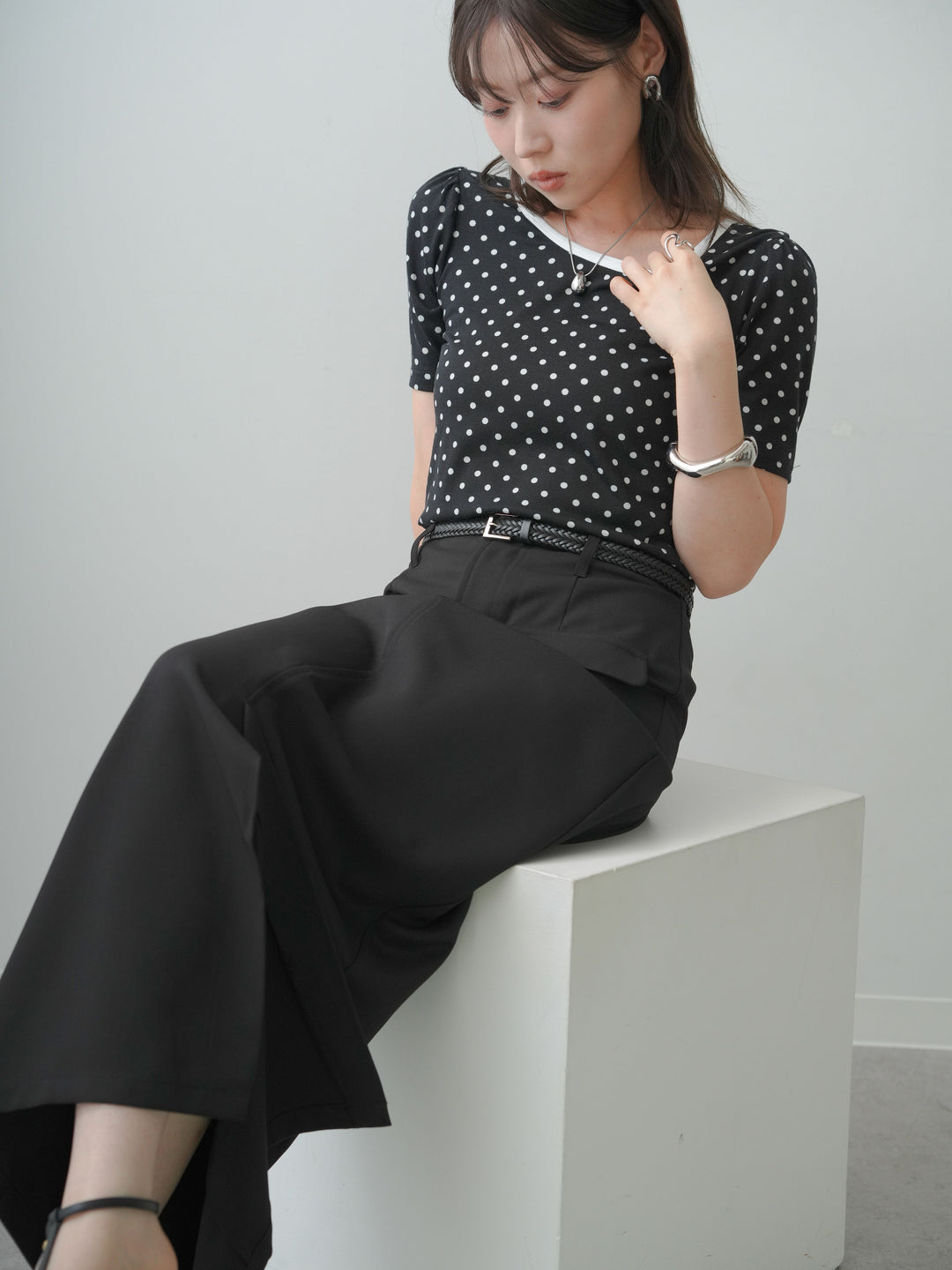 [SET]前後2wayドットバイカラーパイピングTEE+クレープデシンフラップ付きストレートスカート(2set)