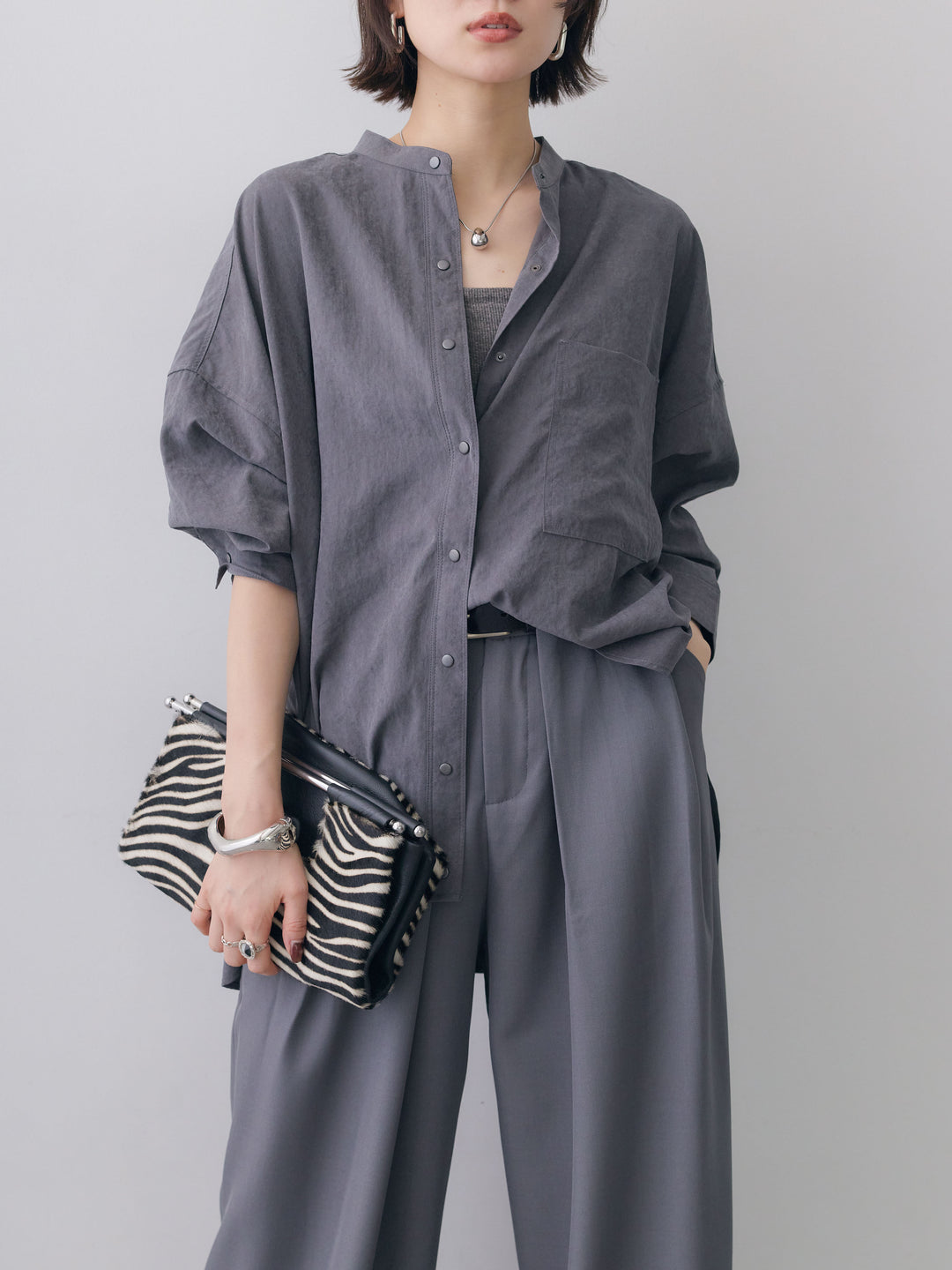 [SET]ピーチスウェードノーカラーオーバーシャツ+選べるアクセセット(2set)