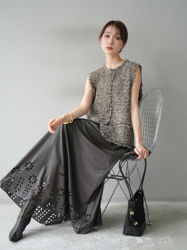 [予約]ミックスツイードフリンジニットベスト/ブラウン