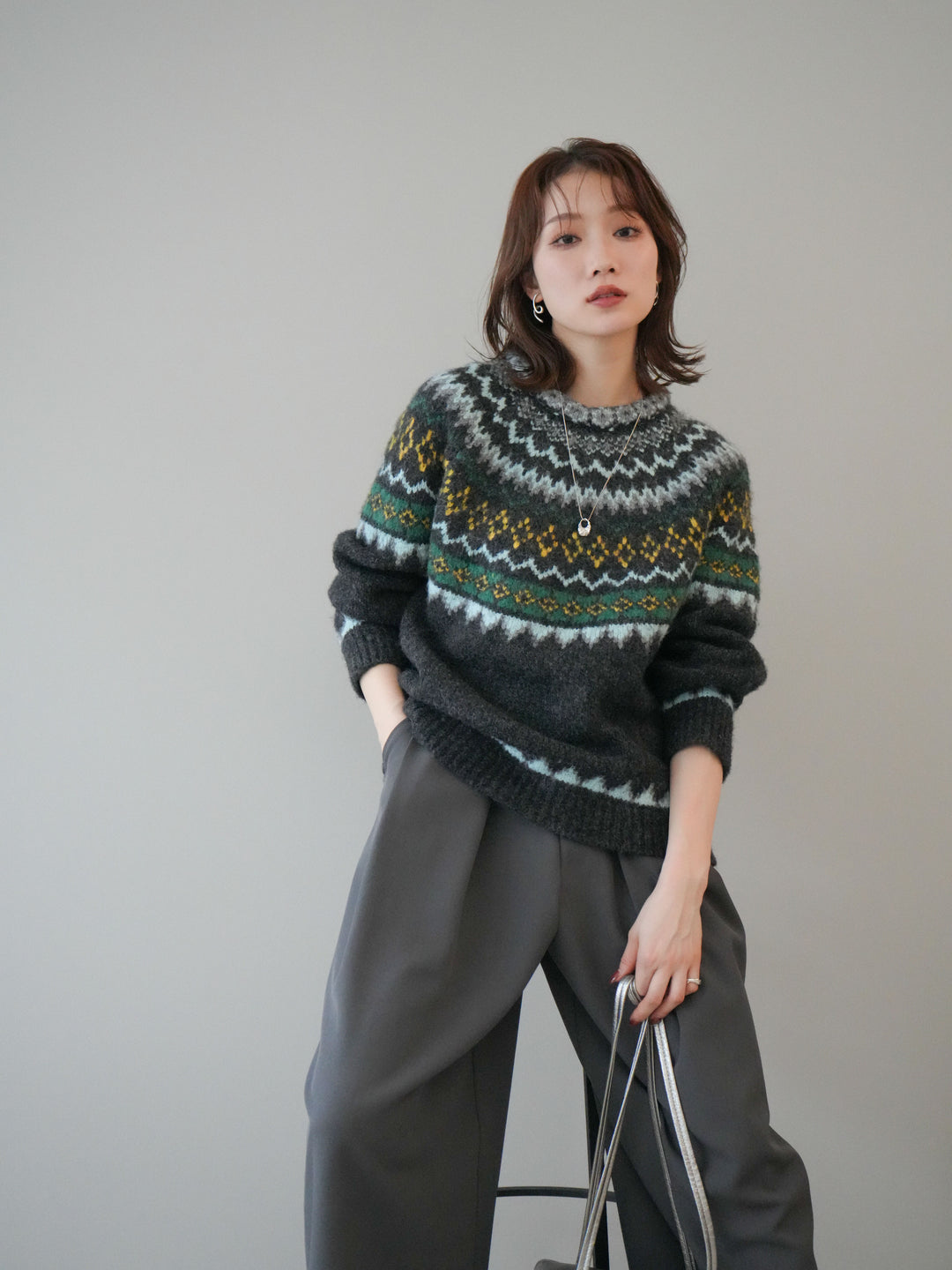 [予約]ウールタッチ求心柄オーバーニットプルオーバー/gray