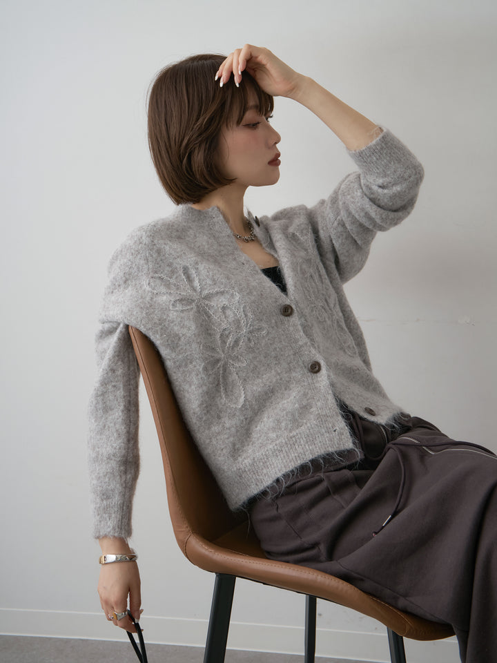 【套裝】花卉刺繡開襟衫+前拉鍊口袋設計運動半裙（兩件套）