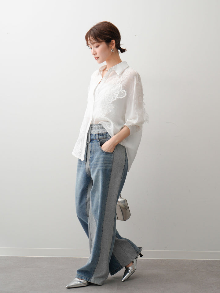 [SET]レースデザインドレープオーバーシャツ+デニム切替スウェットパンツ(2set)