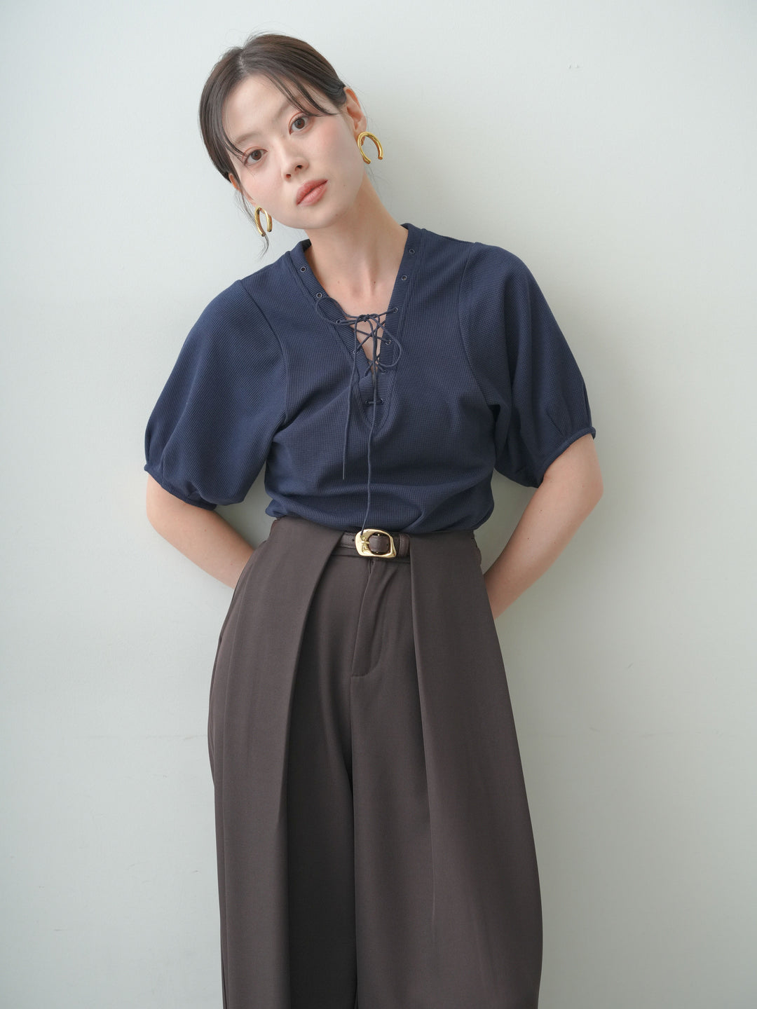 [予約]レースアップワッフルハーフトップス/navy
