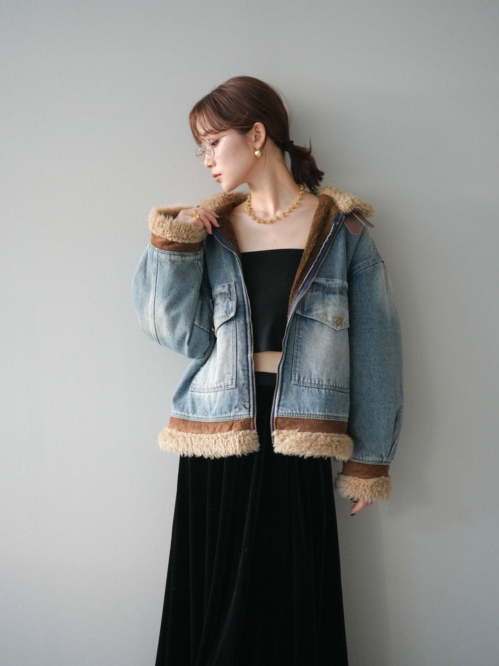 [予約]スタンドカラーファー×デニムジャケット/lightblue