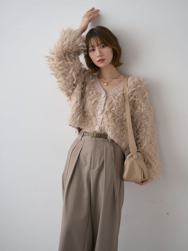[SET]ループフェザークロップニットカーディガン+ツイルタックワイドパンツ(2set)