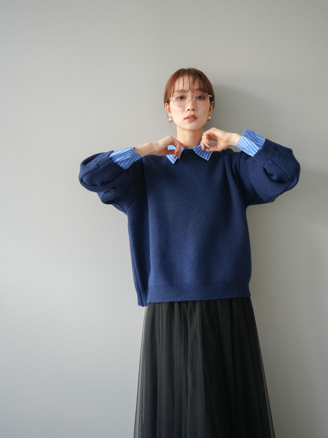 [予約]2WAY襟ニットプルオーバー/navy