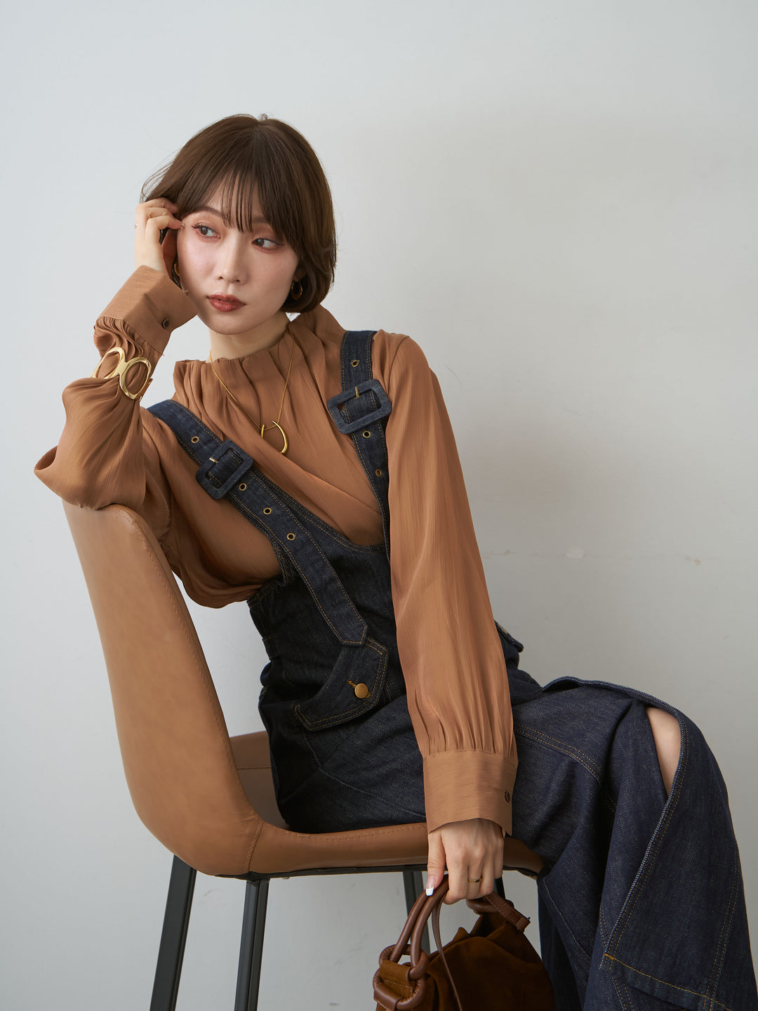 [SET]ネックギャザーシャイニーブラウス+ネックギャザーシャイニーブラウス(2set)