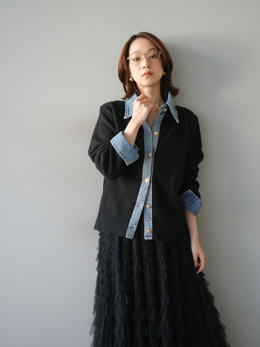 [予約]デニム襟ボタンニットカーディガン/black