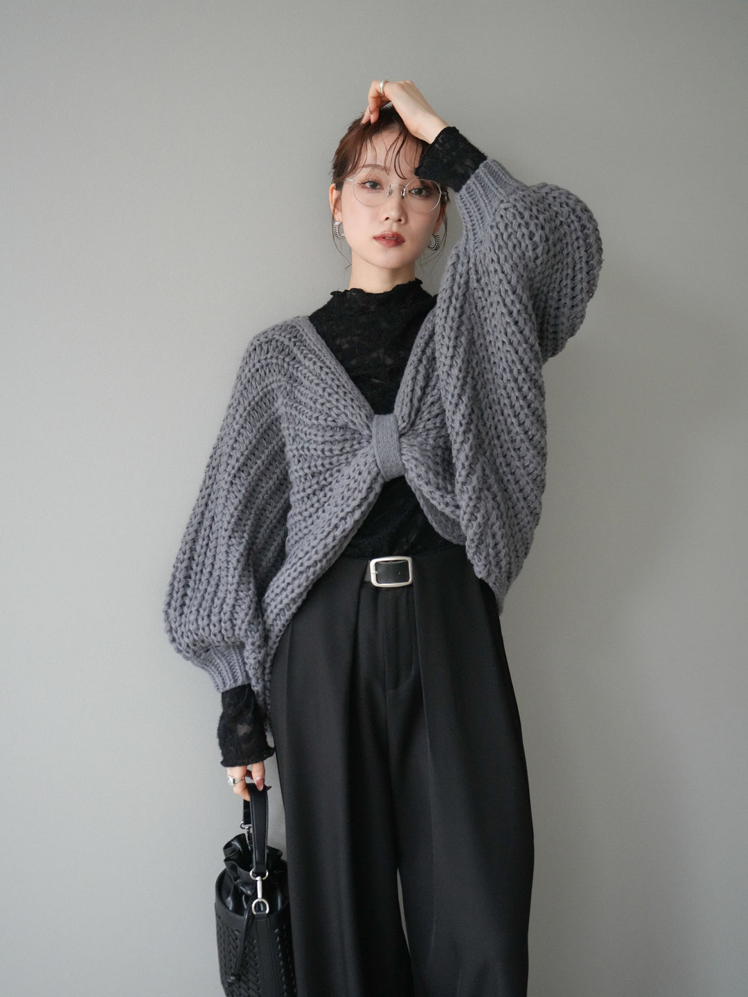 [SET]ローゲージ畦編みドルマンニットボレロ+起毛レースプチネックトップス(2set)