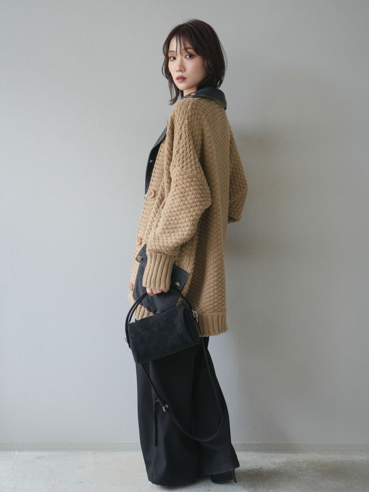 [SET]デニム襟レイヤードニットジャケット+ベルトループデザインワイドパンツ(2set)