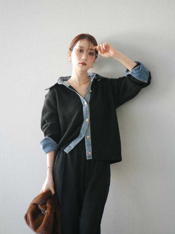 [予約]デニム襟ボタンニットカーディガン/black