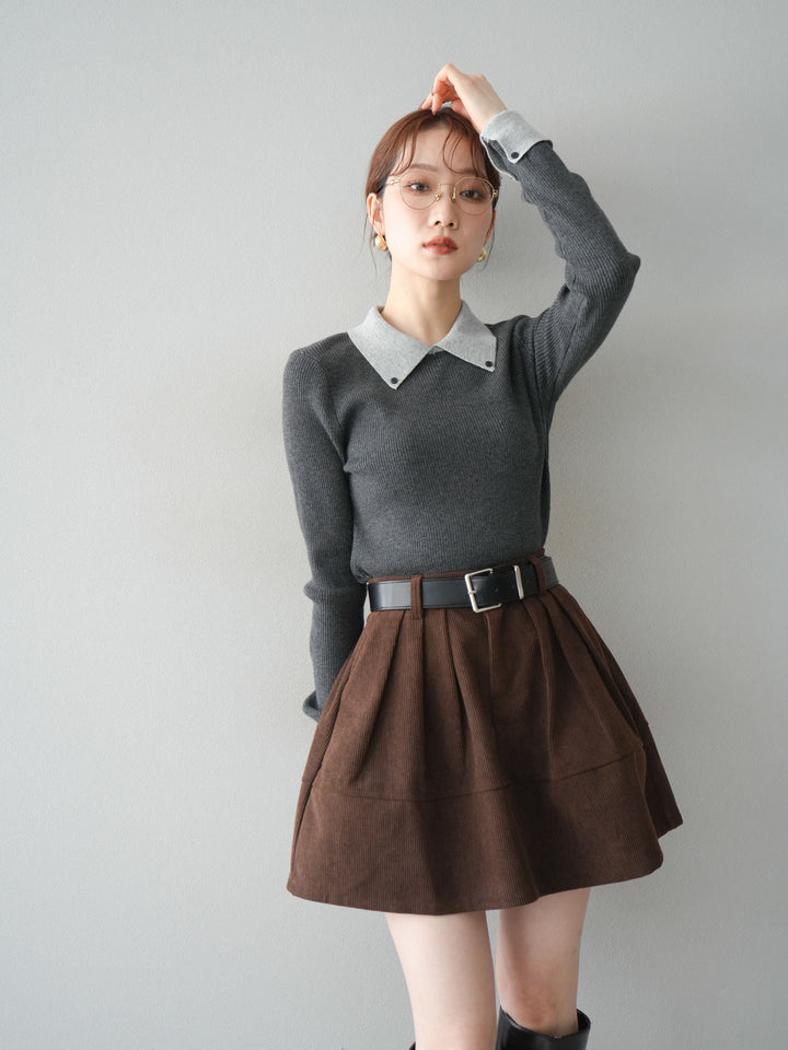 [予約]ニットカフス襟付き配色リブニットトップス/charcoal