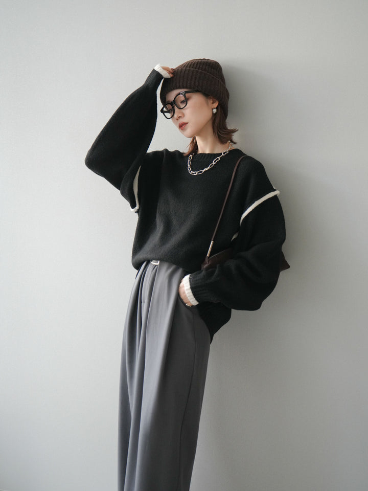 [予約]バイカラーパイピングニットプルオーバー/black