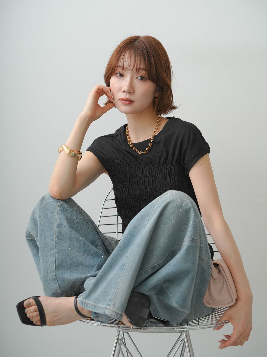 [予約]フレンチスリーブシャーリングトップス/black