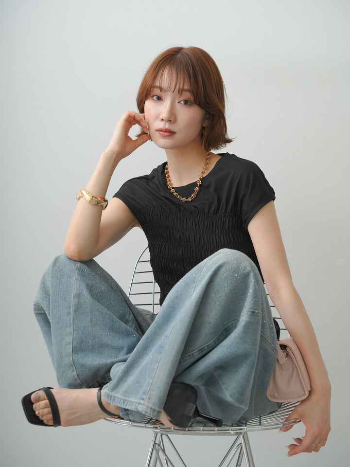 [予約]フレンチスリーブシャーリングトップス/black