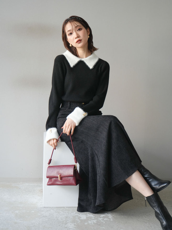 [SET]シャギー襟リブニットトップス+ベルベットマーメイドスカート(2set)