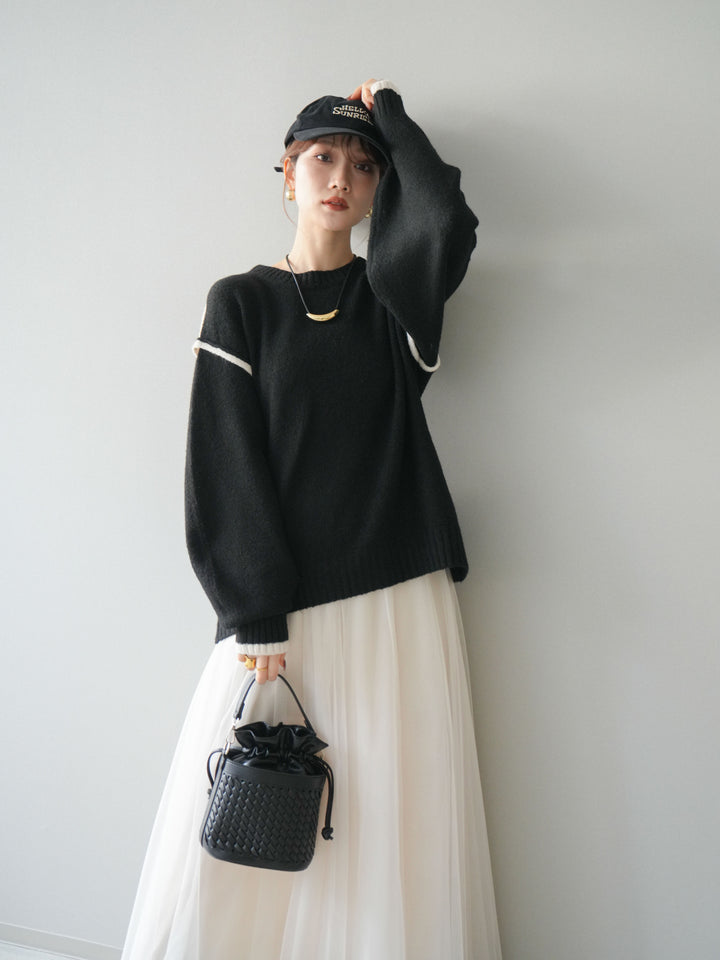 [予約]バイカラーパイピングニットプルオーバー/black