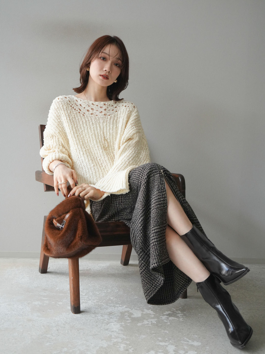 [予約]ボートネック透かし編みニットプルオーバー/white