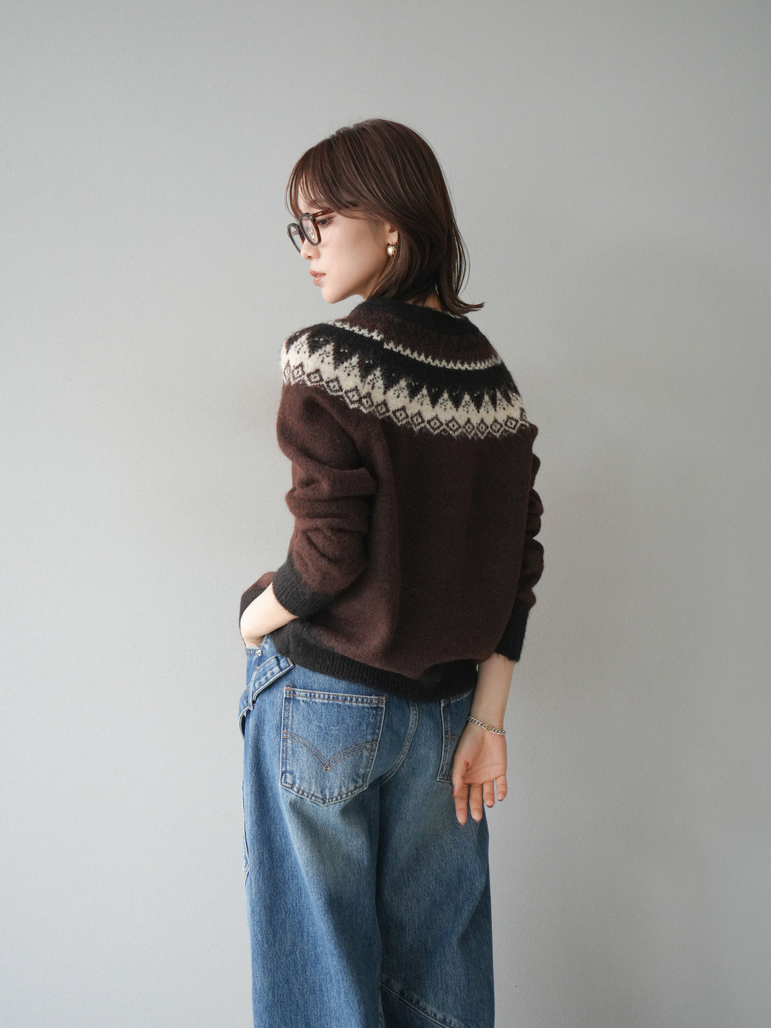 [SET]ノルディック柄ニットカーディガン+ペインターカーブデニムパンツ(2set)