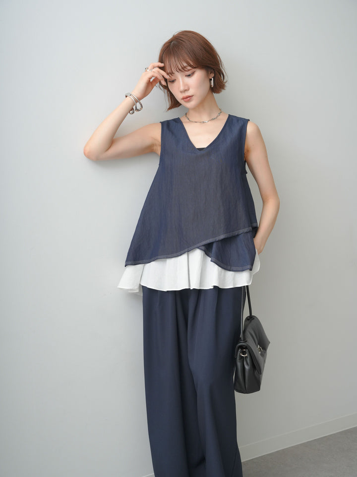 [予約]アシメフリルドッキングステッチノースリブラウス/navy