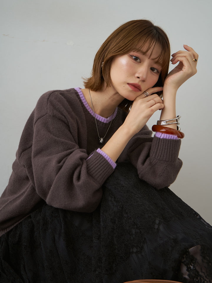 [予約]バイカラーカフスレイヤードニットプルオーバー/brown