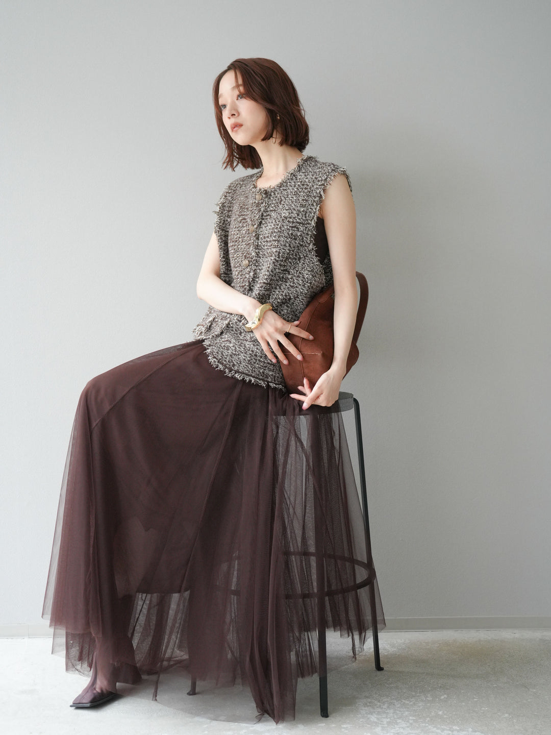 [予約]ミックスツイードフリンジニットベスト/ブラウン