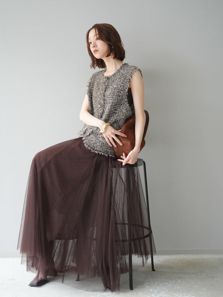 [予約]ミックスツイードフリンジニットベスト/ブラウン