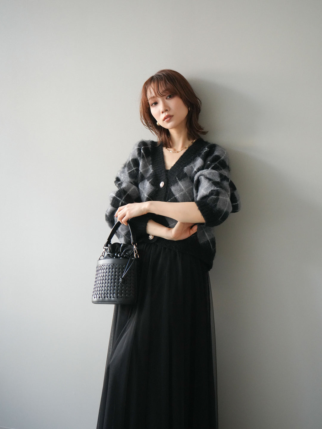 [予約]アーガイルシャギーニットカーディガン/gray